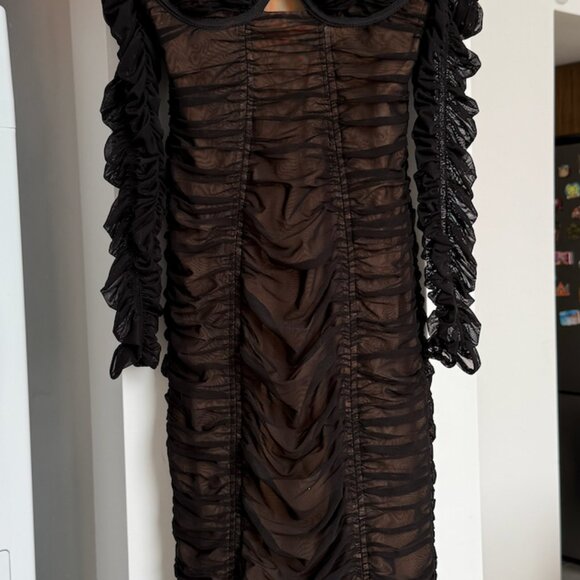 SELF-PORTRAIT Power Mesh Long Sleeve Midi Dress Black Crystal Embellished Cutout - Picture 3 of 4